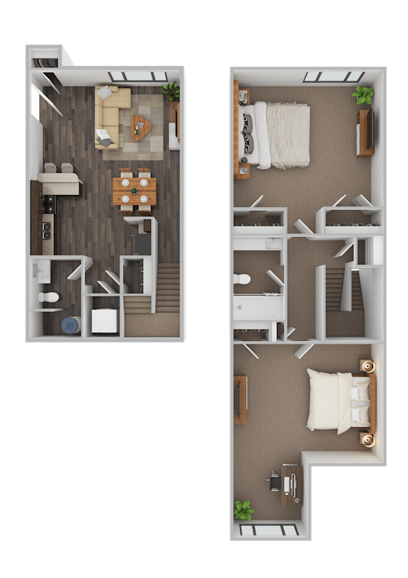 Two floor plans of a house with a kitchen, living room, and bedrooms.