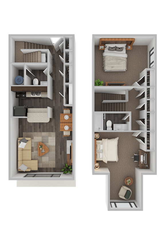 A floor plan of a two-bedroom apartment with a living room, kitchen, and bathroom.