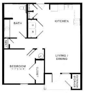 A floor plan of a small apartment with a living room, dining room, kitchen, and bathroom.