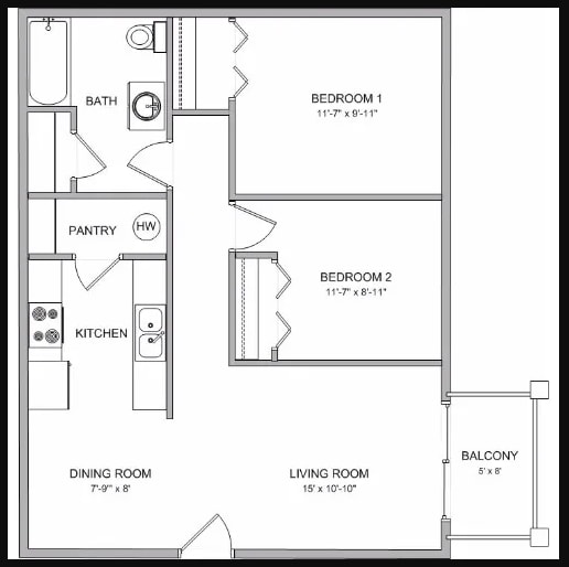 A black and white image of a floor plan for a small apartment.