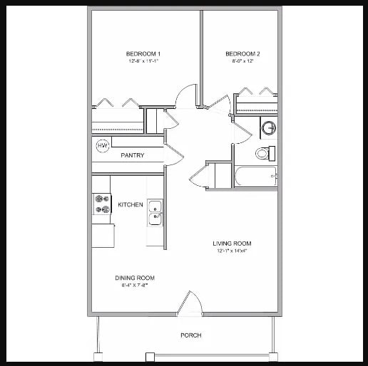 A black and white image of a floor plan for a house with labeled rooms.