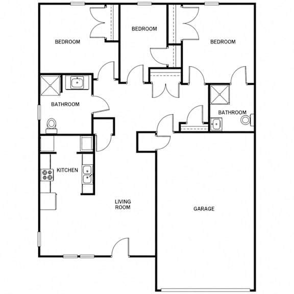 A black and white image of a house floor plan with a living room, kitchen, and four bedrooms.