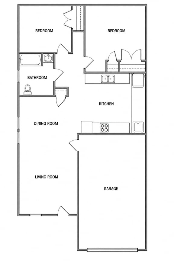 A floor plan of a house with two bedrooms, a bathroom, a kitchen, a dining room, a living room, and a garage.
