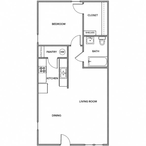 A floor plan of a small apartment with a kitchen, living room, bedroom, and bathroom.