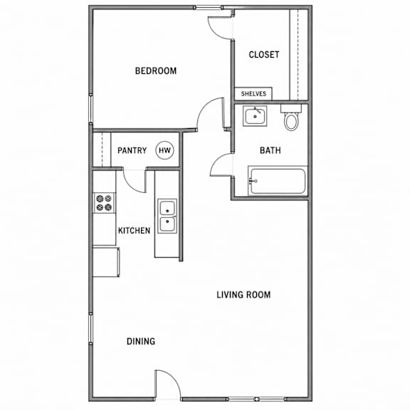 A black and white image of a floor plan for a small apartment.