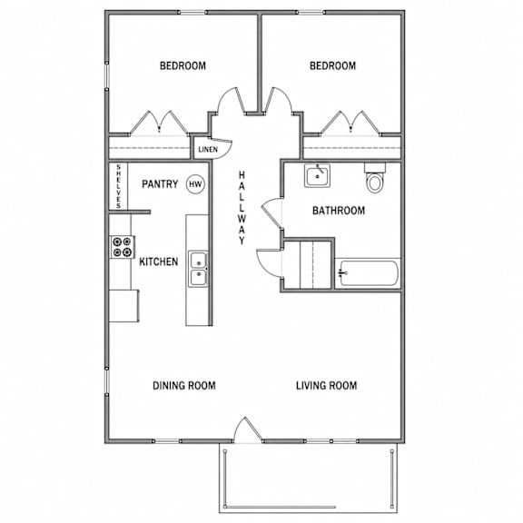 A black and white image of a house floor plan with a living room, dining room, kitchen, pantry, two bathrooms, and three bedrooms.