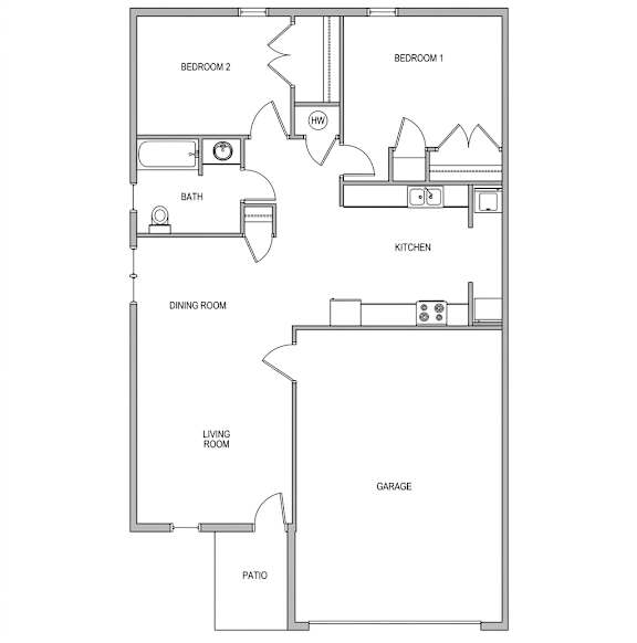 A floor plan of a house with two bedrooms, a bath, a kitchen, a dining room, a living room, a garage, and a patio.