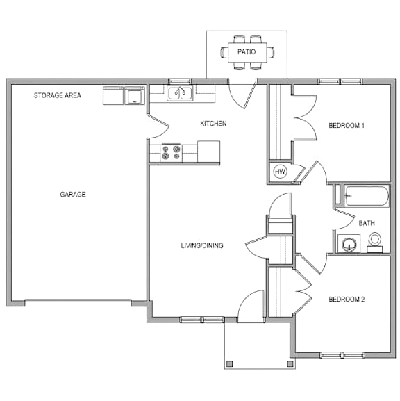A floor plan of a house with a garage, two bedrooms, a living/dining area, a kitchen, a bath, and a storage area.