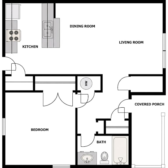 A floor plan of a house with a kitchen, dining room, living room, bedroom, bathroom, and covered porch.