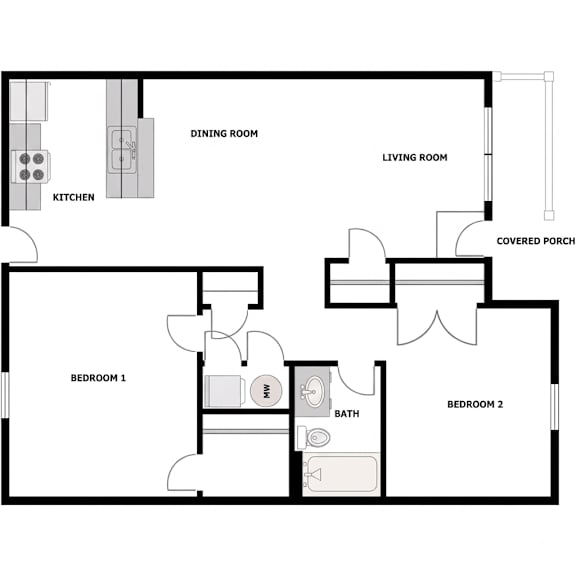 A black and white floor plan of a house with two bedrooms, a living room, a dining room, a kitchen, a bathroom, and a covered porch.