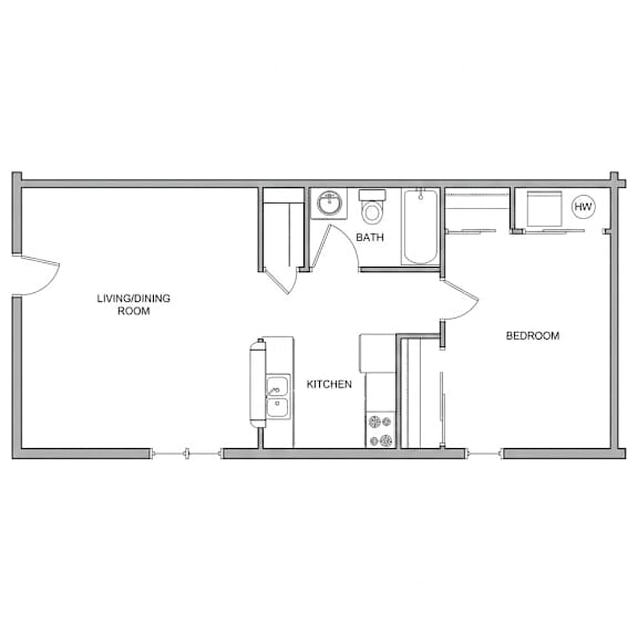 A floor plan of a small apartment with a living room, kitchen, and bedroom.
