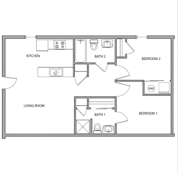 A floor plan of a small apartment with two bedrooms and a living room.