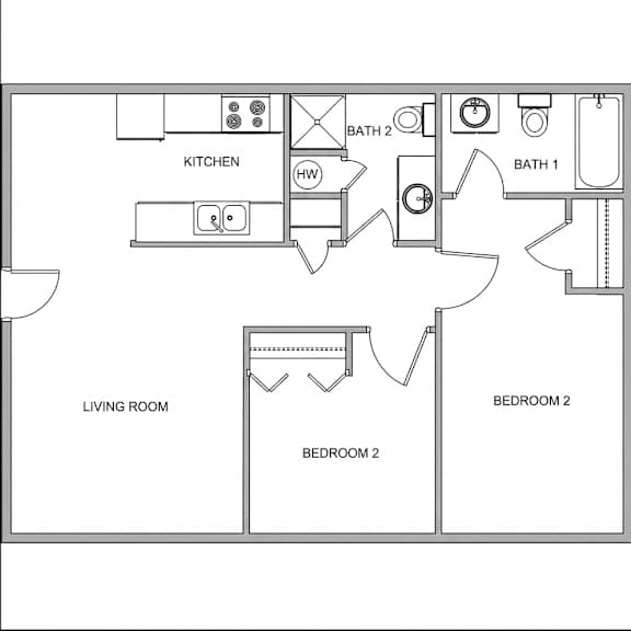 A floor plan of a house with two bedrooms, a living room, a kitchen, and two bathrooms.