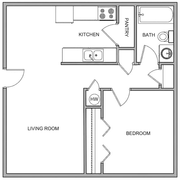 A floor plan of a home with a living room, bedroom, kitchen, pantry, and bathroom.