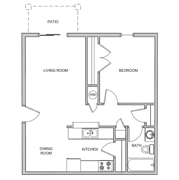 A floor plan of a home showing a living room, dining room, kitchen, bedroom, and bathroom.