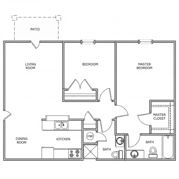 A floor plan of a house with a living room, dining room, kitchen, two bedrooms, and a bathroom.