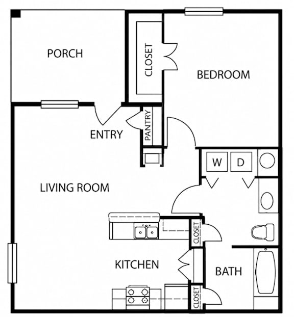 A black and white floor plan of a house with a porch, living room, kitchen, bedroom, and bathroom.