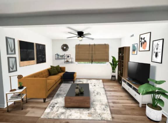 a living room with a couch and a tv at Mammoth at the Orchard Apartments, Rogers Arkansas