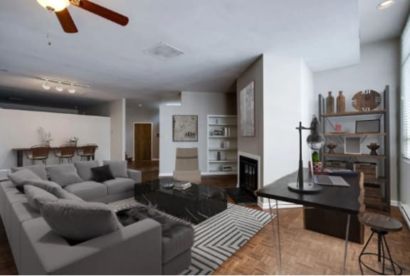 a living room with a gray couch and a black and white rug
