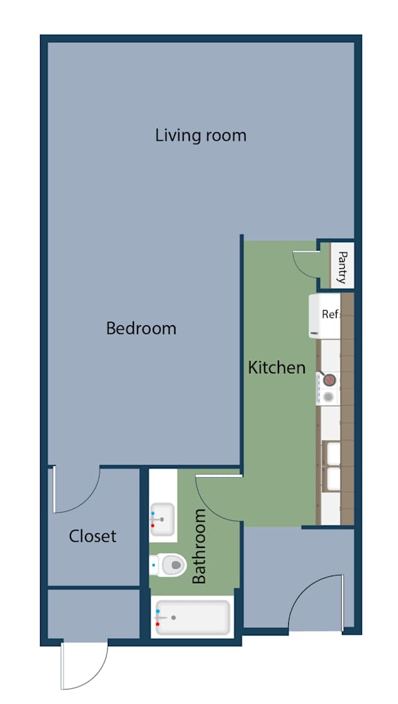 A floor plan of a small apartment with a living room, bedroom, kitchen, bathroom, and closet.