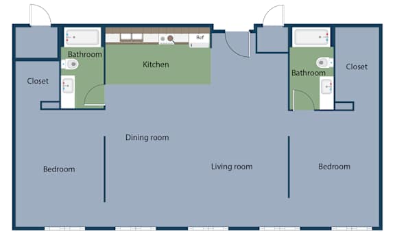 A floor plan of a house with two bathrooms, a kitchen, a dining room, a living room, and four bedrooms.
