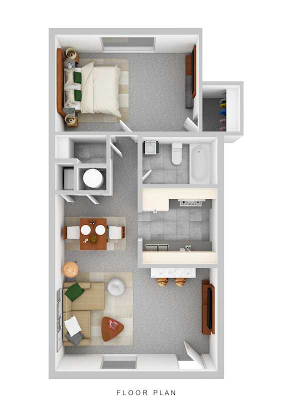 A floor plan of a small apartment with a kitchen, living room, and bathroom.