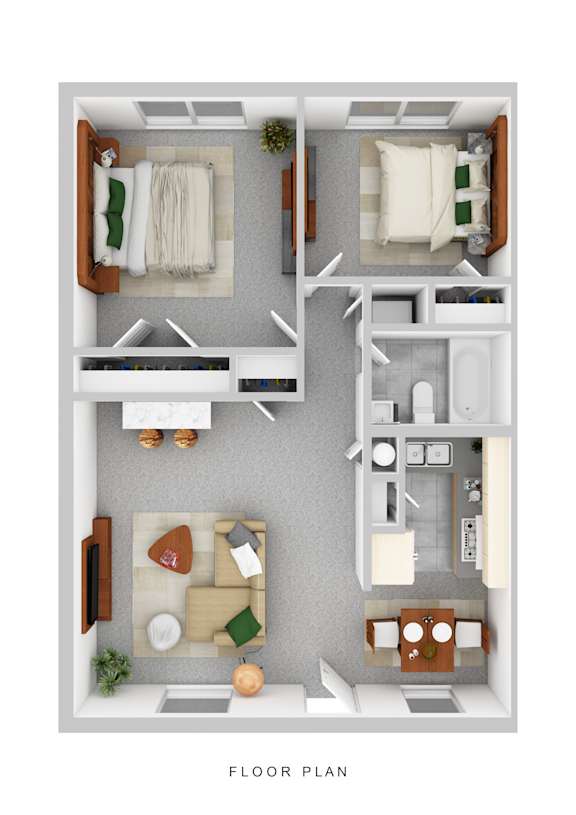 A floor plan of a small apartment with a kitchen, living room, and bathroom.