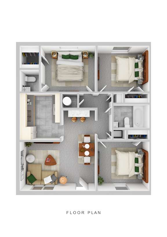 A floor plan of a small apartment with two bedrooms, a living room, a kitchen, and a bathroom.