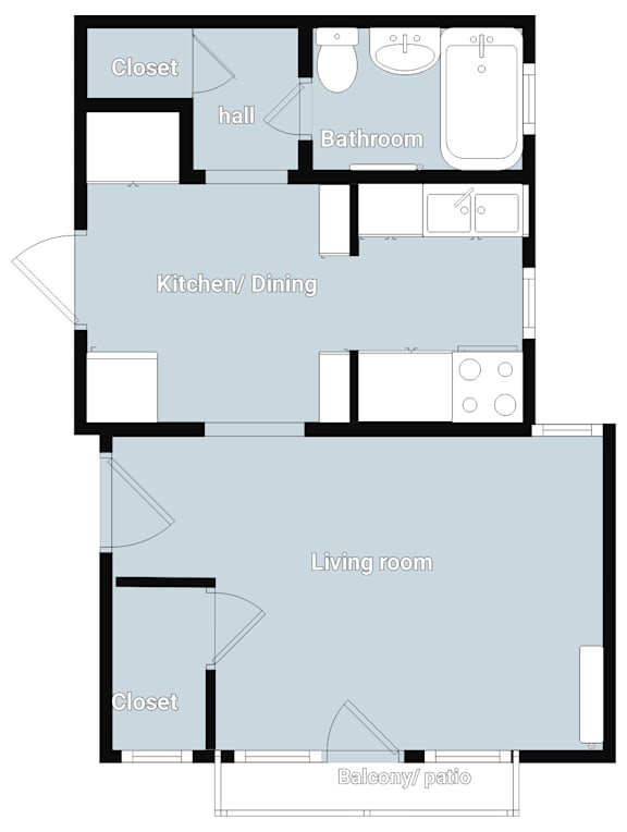A floor plan of a house with a living room, kitchen/dining area, bathroom, and closet.