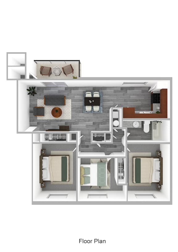 A floor plan of a house with a kitchen, living room, dining room, and two bedrooms.