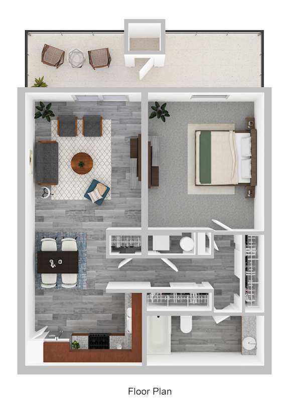 A floor plan of a house with a living room, dining room, kitchen, and two bedrooms.