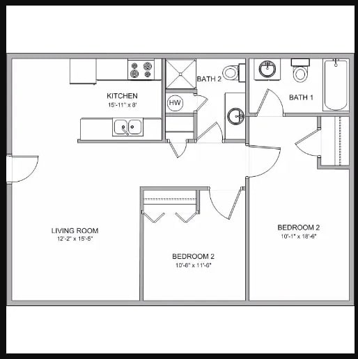 A floor plan of a small apartment with a living room, kitchen, two bedrooms, and two bathrooms.