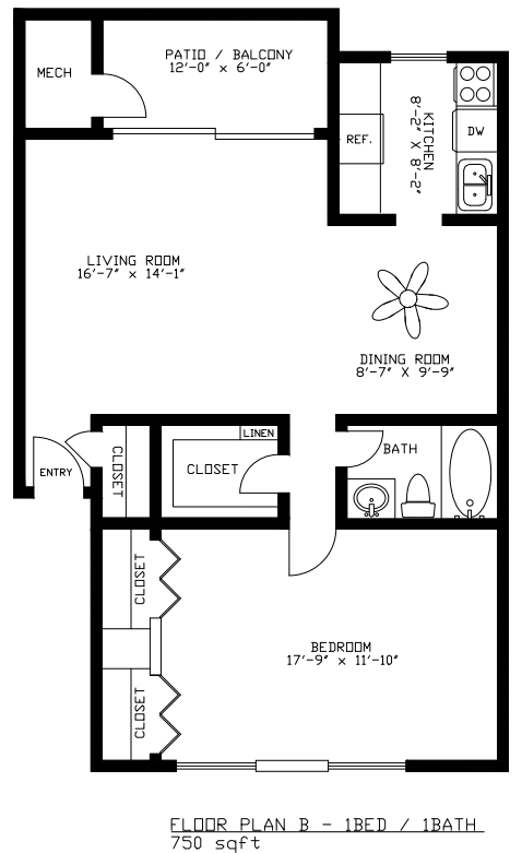A floor plan of a one bedroom apartment with a living room, dining room, bathroom and bedroom.