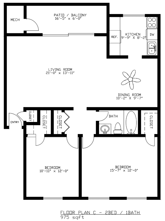 Floor Plan  A black and white image of a floor plan for a 975 square foot home.