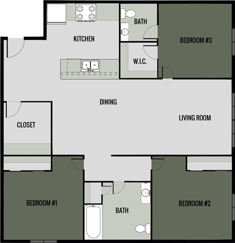 A floor plan of a house with a kitchen, dining area, and three bedrooms.