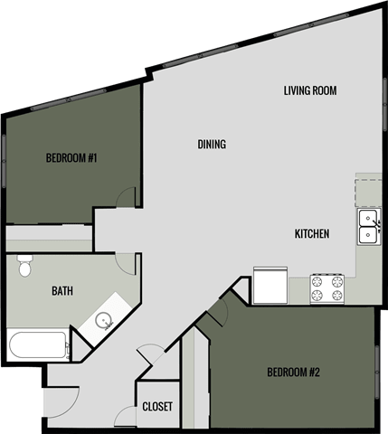 A floor plan of a small apartment with two bedrooms, a bathroom, a kitchen, a dining area, and a living room.