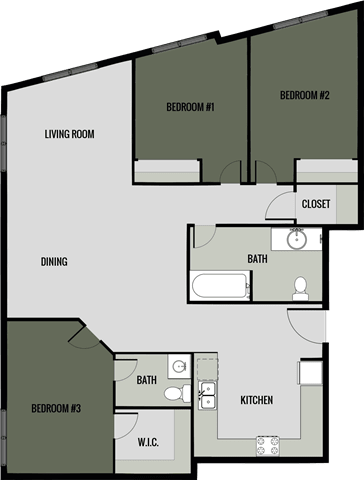 A floor plan of a house with three bedrooms, a living room, a dining area, a kitchen, a bathroom, and a closet.