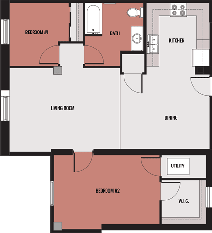 A floor plan of a house with two bedrooms, a living room, a dining area, a kitchen, a bathroom, and a utility space.