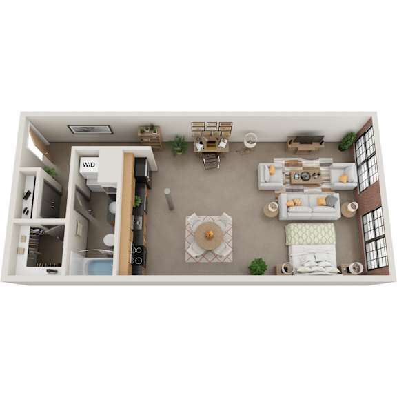A top-down view of a living room with a couch, coffee table, and kitchen area.