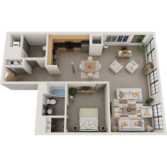 a one bedroom 1.5 bathroom floorplan