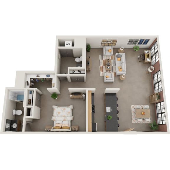 a one bedroom 1.5 bathroom floor plan with a bathroom and a living room