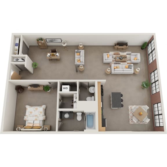 a one bedroom 1.5 bath floor plan with a living room and a dining room