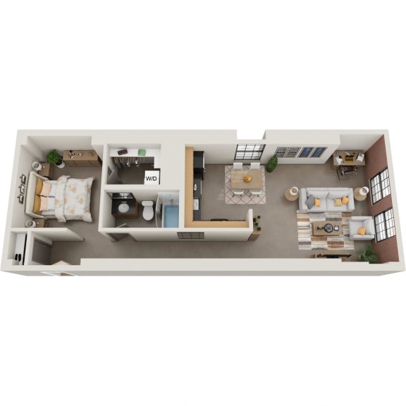a stylized floor plan of a one bedroom apartment