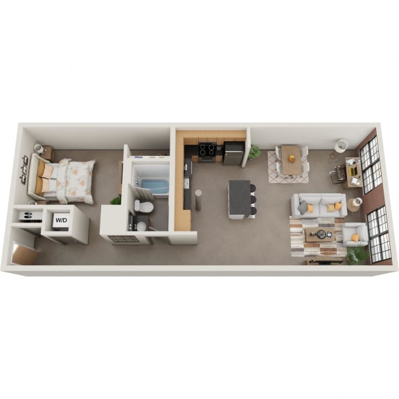 a stylized one bedroom floor plan with a bedroom and living room 876 sqft
