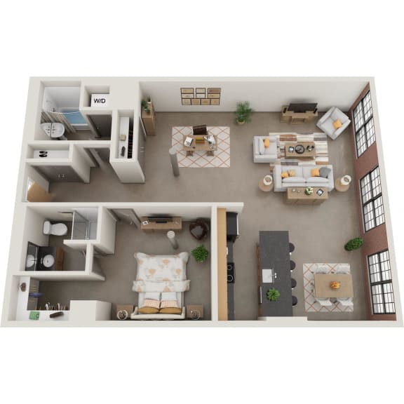 a one bedroom 1.5 bath floor plan with a living room and a dining room