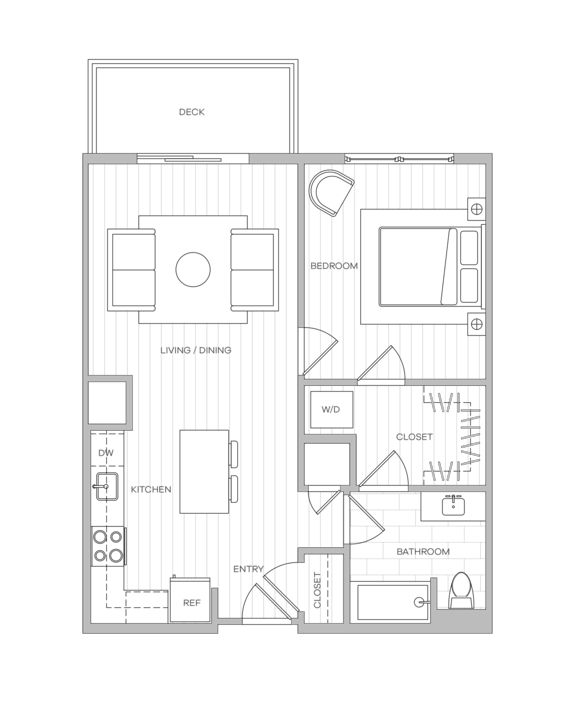 A floor plan of a house with a deck, living room, dining room, kitchen, and bathroom.
