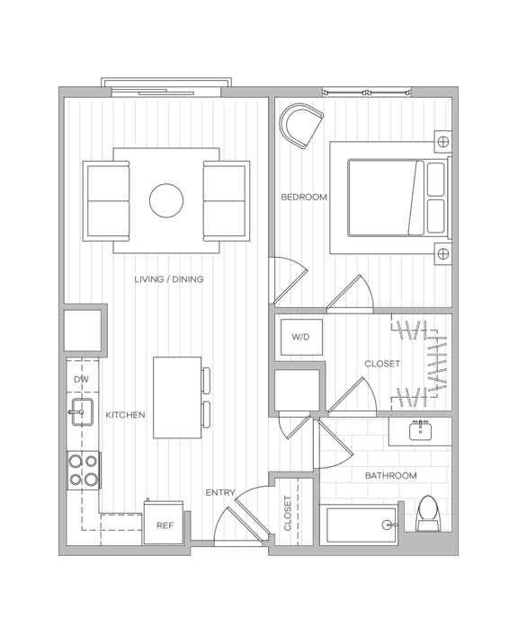 A floor plan of a house with a living room, dining room, kitchen, and bathrooms.