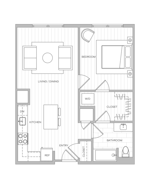 A floor plan of a house with a living room, kitchen, and bathroom.