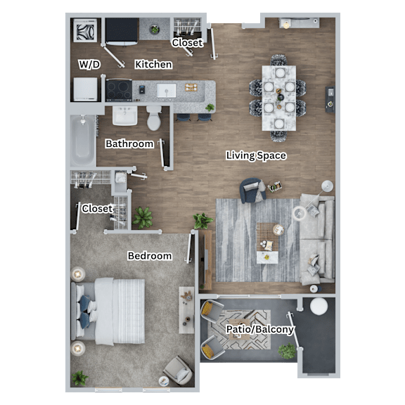 A floor plan of a home showing a living space, kitchen, bathroom, bedroom, and closet.
