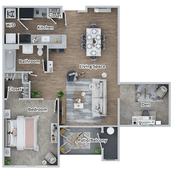 A floor plan of a house showing a living room, kitchen, two bedrooms, a bathroom, a den, and a panty/balcony area.